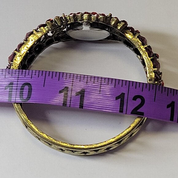 Red Floral Rhinestone Watch Cuff Band Round Face Ornate Fashion Watch - NEW ! - Picture 10 of 16